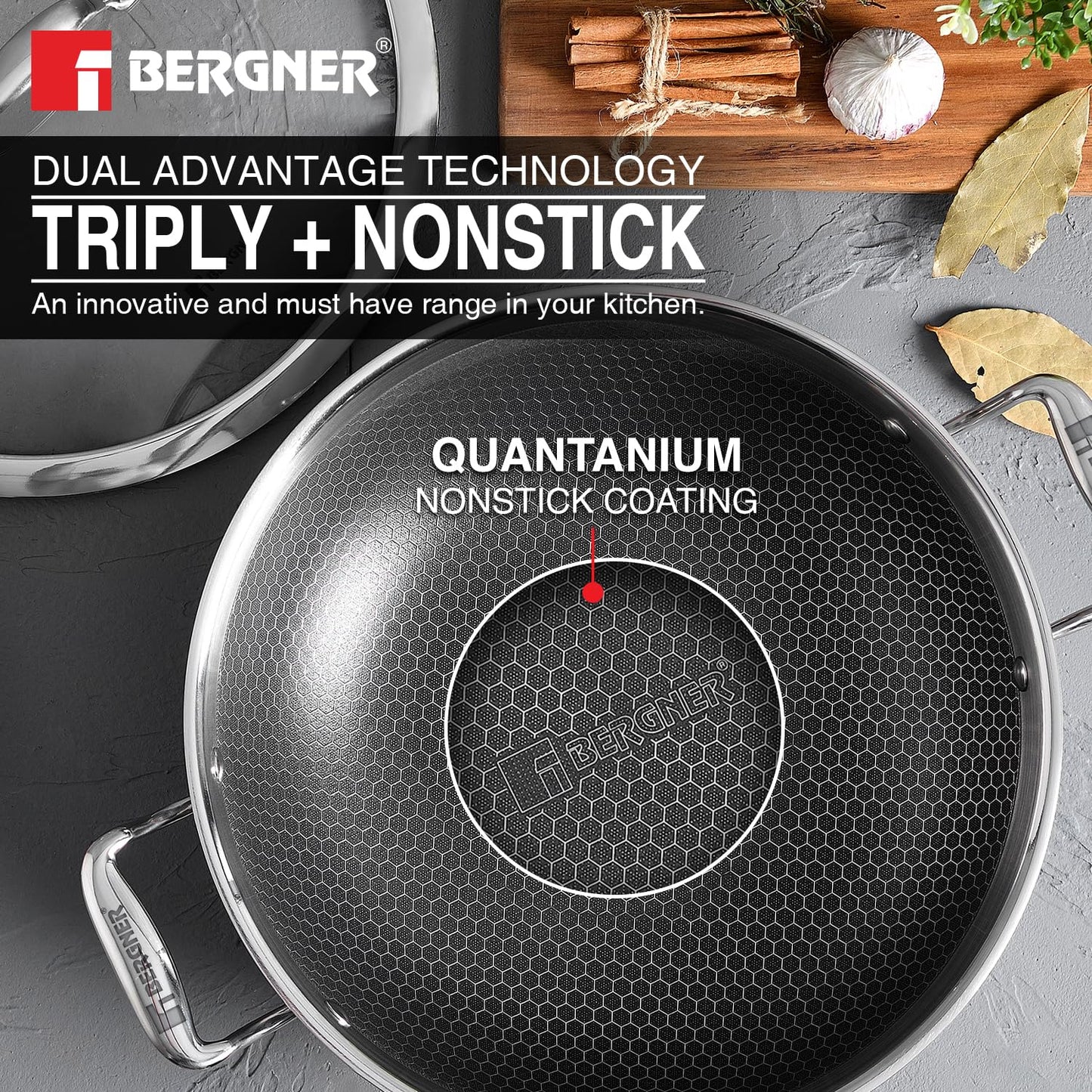 BERGNER Hi-Tech TriPly Stainless Steel 22cm (2.25 L) Kadai with Glass Lid, Honeycomb Non-Stick Coating