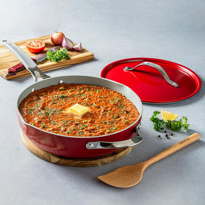 TRAMONTINA All-in-One Plus 30cm / 4.7L Pan with Aluminium Lid, Steamer, Beechwood Spoon & Spatula Red