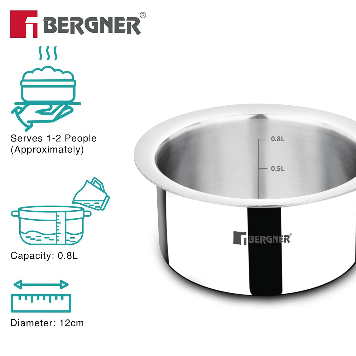 Bergner Argent Triply 12cm (800ml) Tope with Stainless Steel Lid, Small Patila/Topia/Bhagona, Even Heat Distribution, Consumes Less Oil, Healthy Cooking, Easy to Clean - Induction and Gas Stove Ready