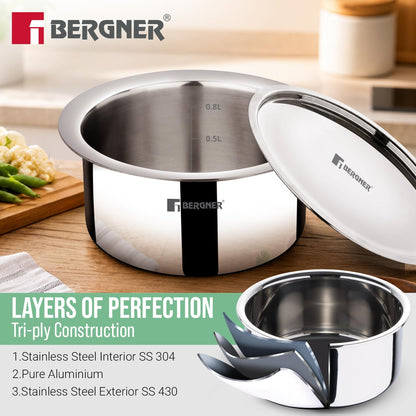 Bergner Argent Triply 12cm (800ml) Tope with Stainless Steel Lid, Small Patila/Topia/Bhagona, Even Heat Distribution, Consumes Less Oil, Healthy Cooking, Easy to Clean - Induction and Gas Stove Ready