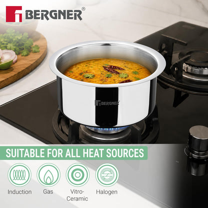 Bergner Argent 24cm (5.9L) Triply Tope with Stainless Steel Lid, Topia/Patila, Flared Lid, Consumes Less Oil, Healthy Cooking, Food Safe, Even Heat Distribution - Induction and Gas Stove Ready