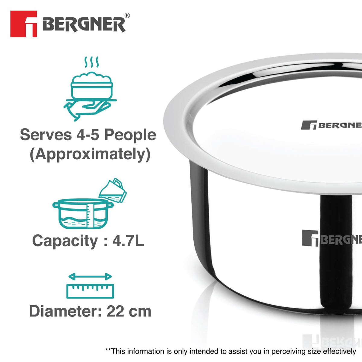 Bergner Argent 22cm (4.7L) Triply Tope with Stainless Steel Lid, Topia/Patila, Flared Lid, Consumes Less Oil, Healthy Cooking, Food Safe, Even Heat Distribution - Induction and Gas Stove Ready
