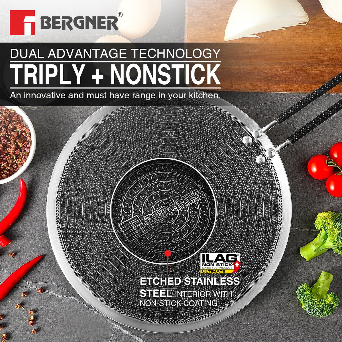 BERGNER Hi-Tech Giro Triply Stainless Steel 28cm RotiTawa, Honeycomb Mesh Non-Stick Coating, PFOA Free, Even Heat Distribution, Sturdy and Durable Stay Cool Handle - Induction and Gas Stove Ready