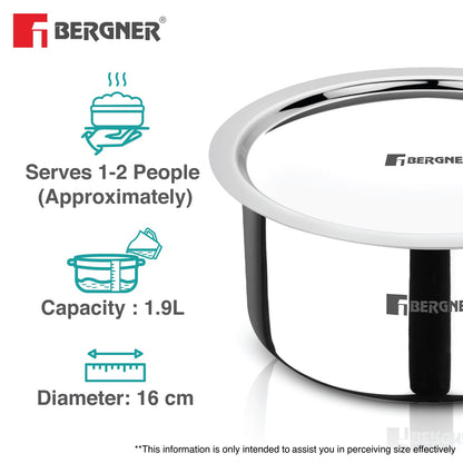 Bergner Argent 16cm (1.7L) Triply Tope with Stainless Steel Lid, Small Topia/Patila, Flared Lid, Consumes Less Oil, Healthy Cooking, Food Safe, Even Heat Distribution - Induction and Gas Stove Ready
