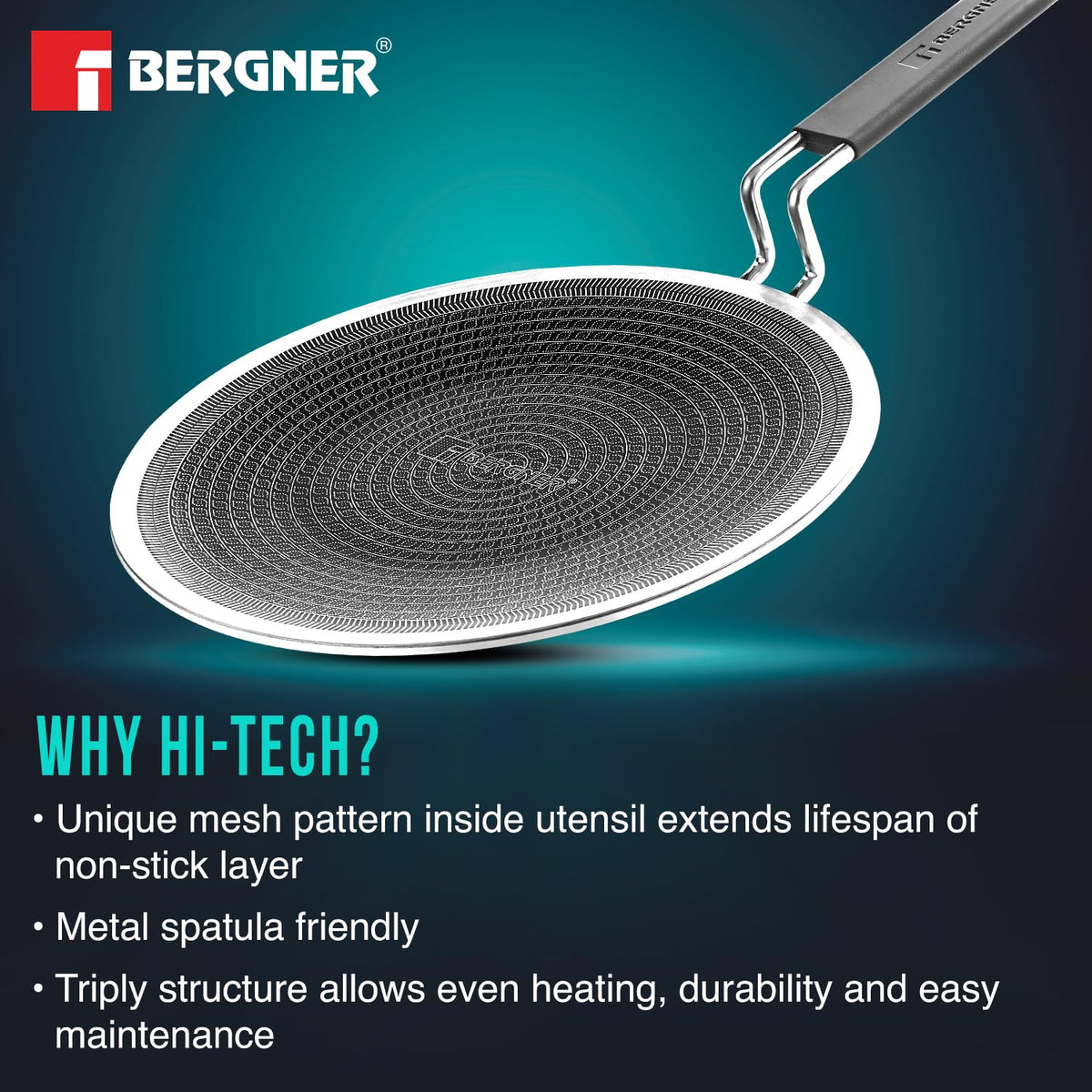 BERGNER Hi-Tech Giro Triply Stainless Steel 28cm RotiTawa, Honeycomb Mesh Non-Stick Coating, PFOA Free, Even Heat Distribution, Sturdy and Durable Stay Cool Handle - Induction and Gas Stove Ready
