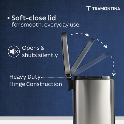TRAMONTINA 49 Litre Stainless Steel Step Dustbin | Fingerprint-Resistant Finish | Soft-Close Lid | Removable Inner Bucket | Large Trash Can for Office & Hospitality