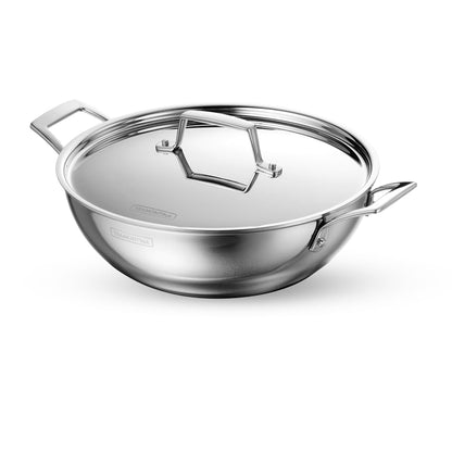 TRAMONTINA Aeion Triply 30cm / 5.7L Stainless Steel Kadai with Lid | Kadhai for Curry | Stainless Steel Cookware Triply Kadhai | Induction Friendly | Stay Cool Handle | NSF Certified | 10 Yr Warranty