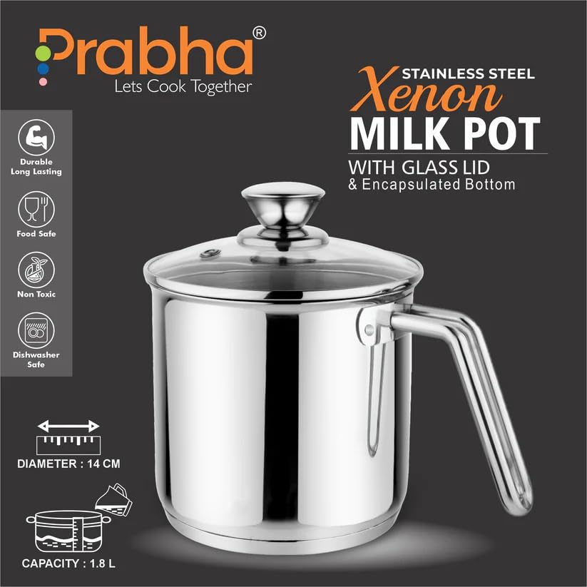Prabha Xenon IB Milk Pot with Lid Stainless Steel | 14cm | 1.8L | Stove & Induction Cookware | Heat Surround Cooking | Hammered Milk Pot | Sauce Pan, Tea Pan, Egg Boiler, Water Boiler with Handle