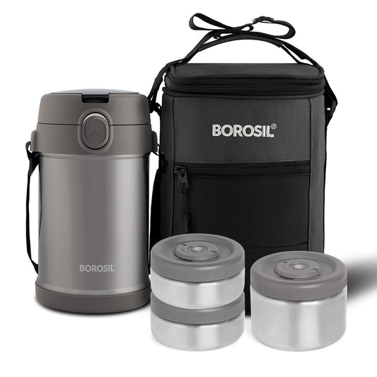 Borosil CarryMe Stainless Steel Lunch Box with Bag | 3 Pcs Set (320 ml x 2 + 600 ml x 1) | Insulated Lunch Box with Foldable Spoon | Keep Food Warms Up to 10 Hours | Grey