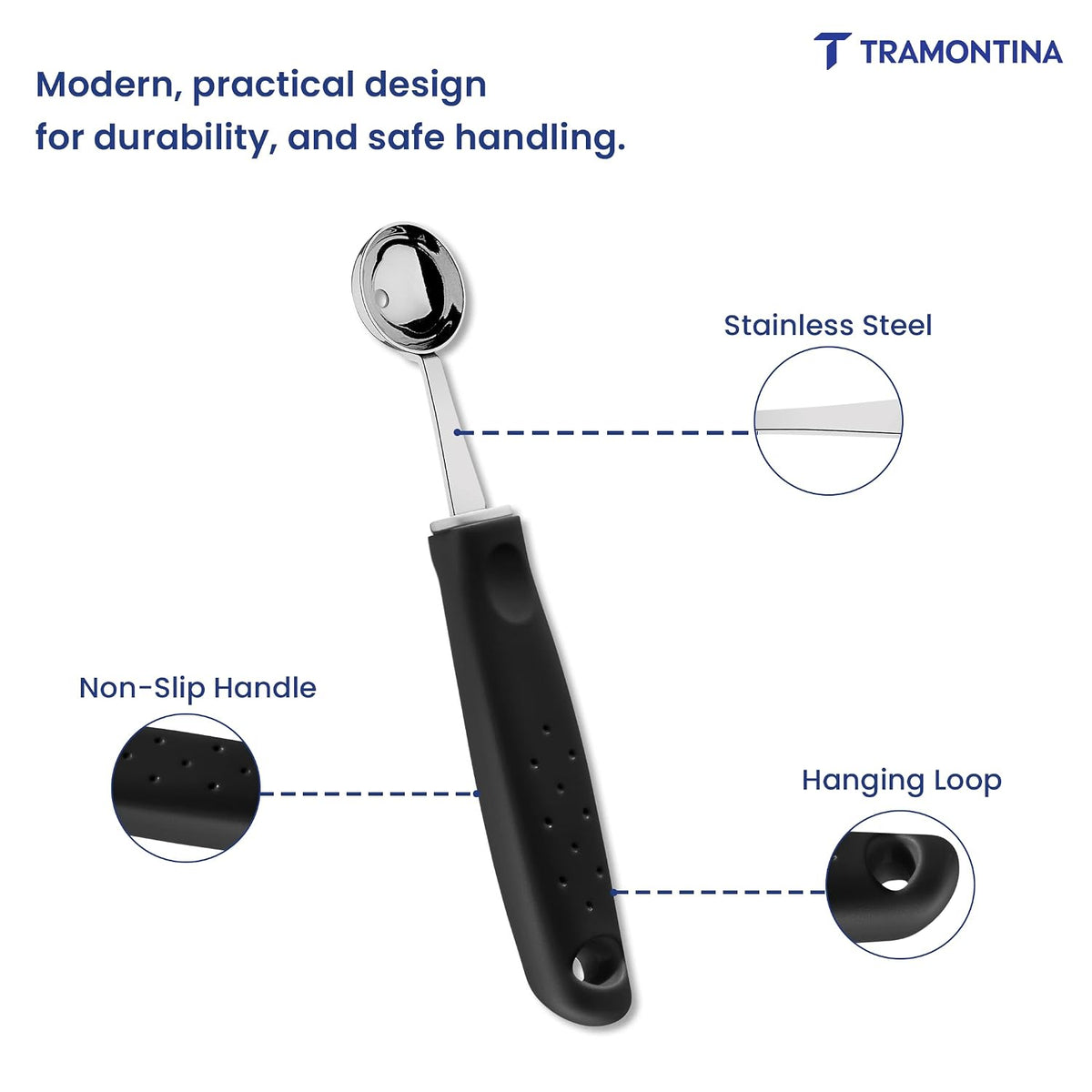 Tramontina Utilità Melon Baller 2.9 cm – Stainless Steel Fruit Scoop for Melons, Watermelon & Desserts, Comfortable Black Handle, Dishwasher Safe