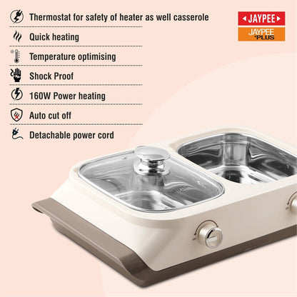Jaypee Twin Power 2 Removable Container Electric Serving Casserole 1100 ml Each Stainless Steel Chafing Dish Food Buffet Server 2 in 1 Hot Pot Electric Bowl for Reheating Food, S Ivory