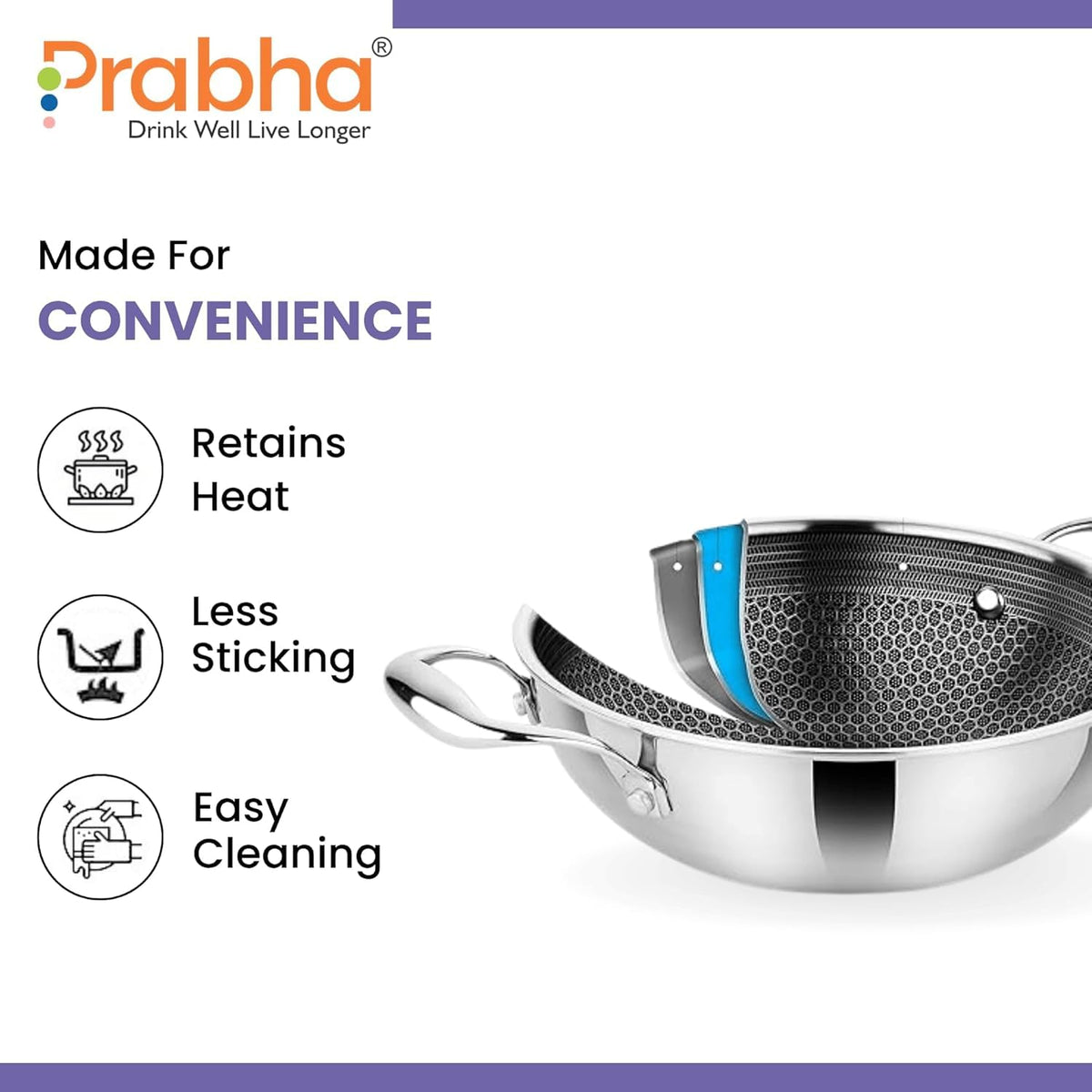 Prabha Hexa Triply Kadai with Glass Lid 4.3 litres 28cm | Cookware Kadai Set with Matt | Induction Base Kadhai for Cooking/Deep Frying | Non-Stick Kadhai Steel | 2 Year Warranty | BIS Certified