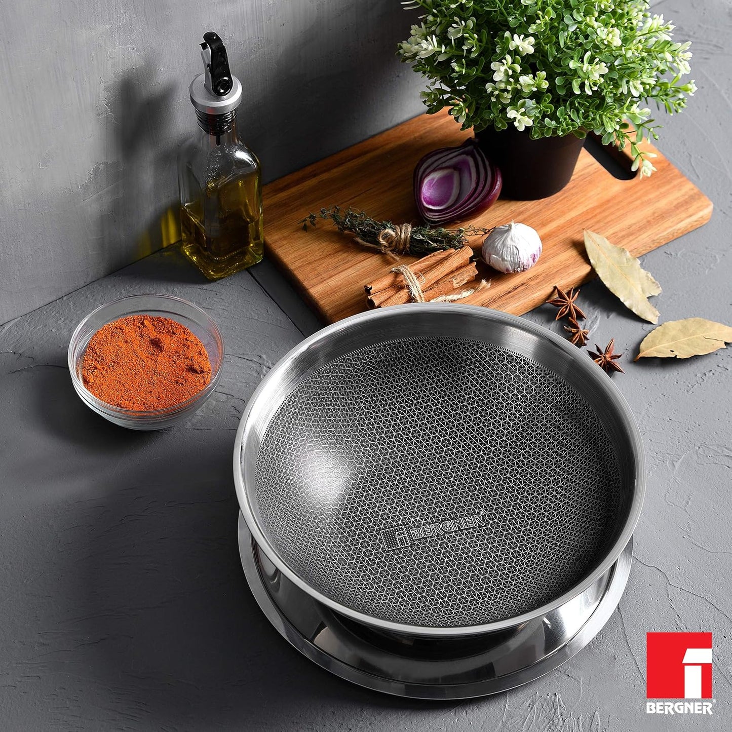BERGNER Hitech Triply Stainless Steel Scratch Resistant Non Stick Tasra/Tasla With Stainless Steel Lid, 22 cm, 2.25 Litres