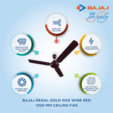 Bajaj Regal Gold NXG 1200 mm Ceiling Fan (Matte Wine Red)
