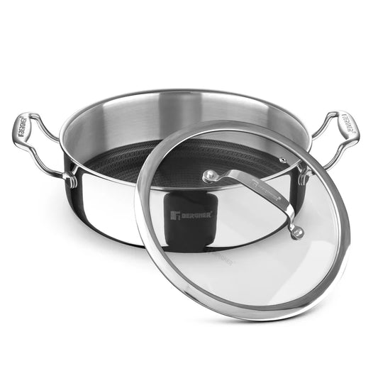 BERGNER Hitech Triply Stainless Steel Scratch Resistant Non Stick Serving Pan With Glass Lid, 28 cm, 5.7 Litres