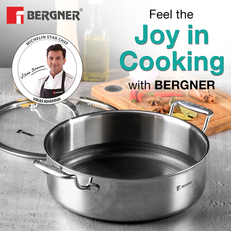 BERGNER Hitech Triply Stainless Steel Scratch Resistant Non Stick Serving Pan With Glass Lid, 28 cm, 5.7 Litres