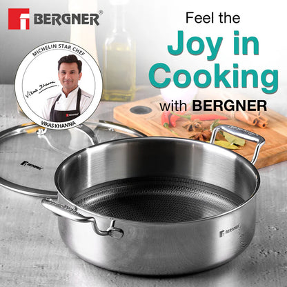 BERGNER Hitech Triply Stainless Steel Scratch Resistant Non Stick Serving Pan With Glass Lid, 28 cm, 5.7 Litres
