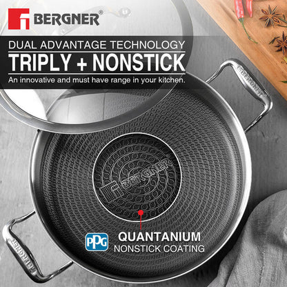 BERGNER Hitech Triply Stainless Steel Scratch Resistant Non Stick Serving Pan With Glass Lid, 28 cm, 5.7 Litres
