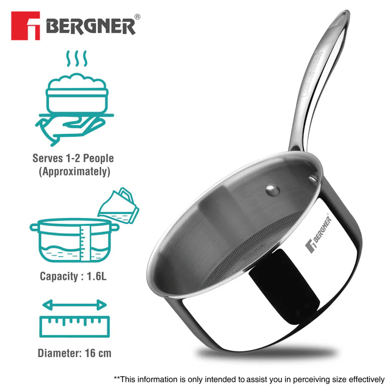 Bergner Hi-Tech Giro x Triply with Honeycomb Healthy Ceramic Coating Saucepan 16cm (1.6 L) with Glass Lid,