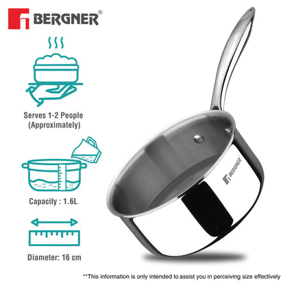 Bergner Hi-Tech Giro x Triply with Honeycomb Healthy Ceramic Coating Saucepan 16cm (1.6 L) with Glass Lid,