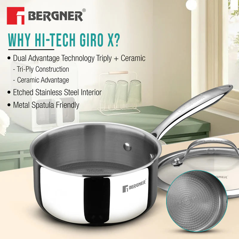 Bergner Hi-Tech Giro x Triply with Honeycomb Healthy Ceramic Coating Saucepan 16cm (1.6 L) with Glass Lid,