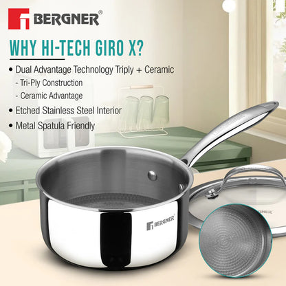 Bergner Hi-Tech Giro x Triply with Honeycomb Healthy Ceramic Coating Saucepan 16cm (1.6 L) with Glass Lid,