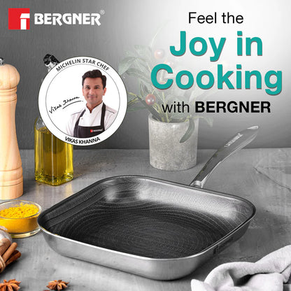 BERGNER Hi-Tech Tri-Ply Stainless Steel 24cm Grill Pan, Honeycomb Non-Stick Coating Inside