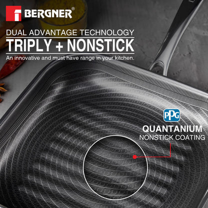 BERGNER Hi-Tech Tri-Ply Stainless Steel 24cm Grill Pan, Honeycomb Non-Stick Coating Inside