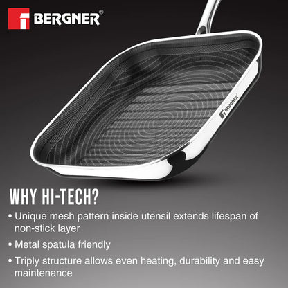 BERGNER Hi-Tech Tri-Ply Stainless Steel 24cm Grill Pan, Honeycomb Non-Stick Coating Inside