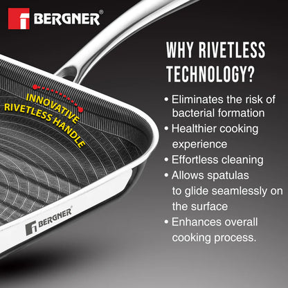 BERGNER Hi-Tech Tri-Ply Stainless Steel 24cm Grill Pan, Honeycomb Non-Stick Coating Inside