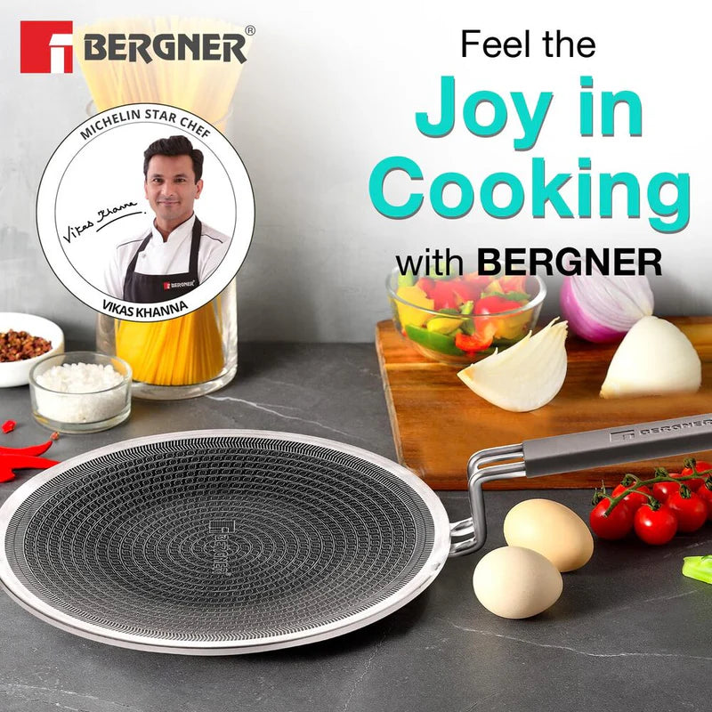 BERGNER Hi-Tech Tri-Ply Stainless Steel 28cm Roti Tawa, Non-Stick Tawa with Honeycomb Mesh Coating,