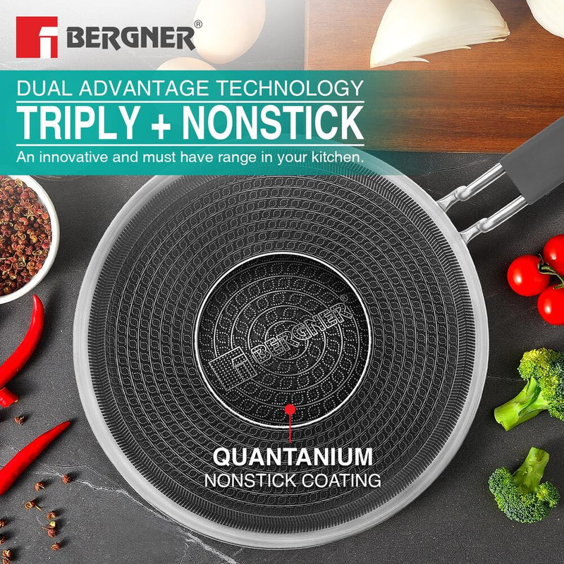 BERGNER Hi-Tech Tri-Ply Stainless Steel 28cm Roti Tawa, Non-Stick Tawa with Honeycomb Mesh Coating,