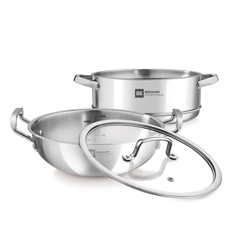 Bergner Essentials Tri-Ply Stainless Steel 3 Pcs Cookware Set of 24cm Kadai (2.5 L) and Steamer with Common Flat Glass Lid