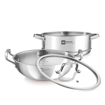 Bergner Essentials Tri-Ply Stainless Steel 3 Pcs Cookware Set of 24cm Kadai (2.5 L) and Steamer with Common Flat Glass Lid