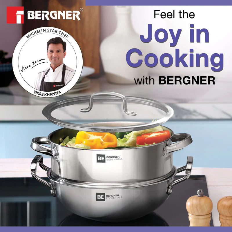 Bergner Essentials Tri-Ply Stainless Steel 3 Pcs Cookware Set of 24cm Kadai (2.5 L) and Steamer with Common Flat Glass Lid