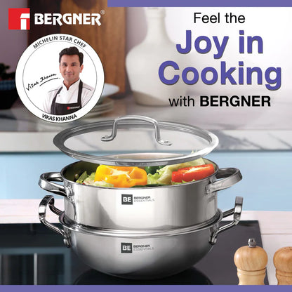 Bergner Essentials Tri-Ply Stainless Steel 3 Pcs Cookware Set of 24cm Kadai (2.5 L) and Steamer with Common Flat Glass Lid