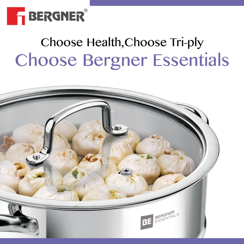 Bergner Essentials Tri-Ply Stainless Steel 3 Pcs Cookware Set of 24cm Kadai (2.5 L) and Steamer with Common Flat Glass Lid