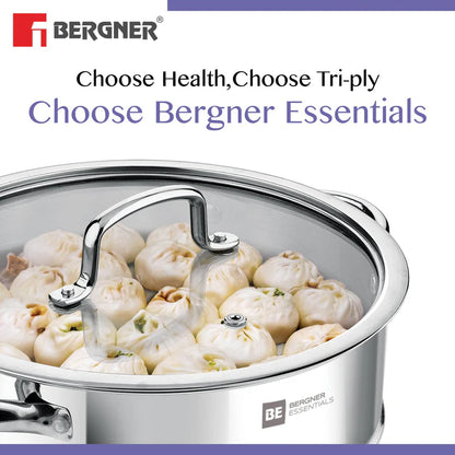 Bergner Essentials Tri-Ply Stainless Steel 3 Pcs Cookware Set of 24cm Kadai (2.5 L) and Steamer with Common Flat Glass Lid