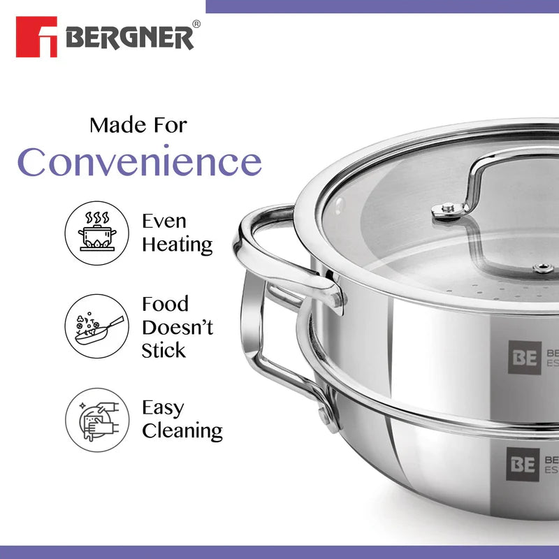 Bergner Essentials Tri-Ply Stainless Steel 3 Pcs Cookware Set of 24cm Kadai (2.5 L) and Steamer with Common Flat Glass Lid