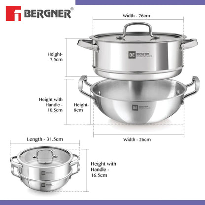 Bergner Essentials Tri-Ply Stainless Steel 3 Pcs Cookware Set of 24cm Kadai (2.5 L) and Steamer with Common Flat Glass Lid