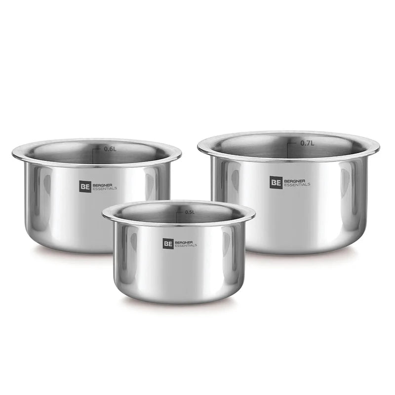 Bergner Essentials Tri-Ply Stainless Steel Junior Tope Set of 3 Pcs Set - 10 cm/500 ml, 11 cm/700ml, 12 cm/800ml, 3 Pc Patila Set, Topia Set