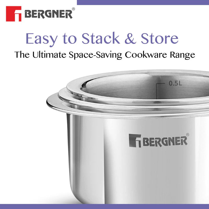 Bergner Essentials Tri-Ply Stainless Steel Junior Tope Set of 3 Pcs Set - 10 cm/500 ml, 11 cm/700ml, 12 cm/800ml, 3 Pc Patila Set, Topia Set