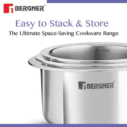 Bergner Essentials Tri-Ply Stainless Steel Junior Tope Set of 3 Pcs Set - 10 cm/500 ml, 11 cm/700ml, 12 cm/800ml, 3 Pc Patila Set, Topia Set