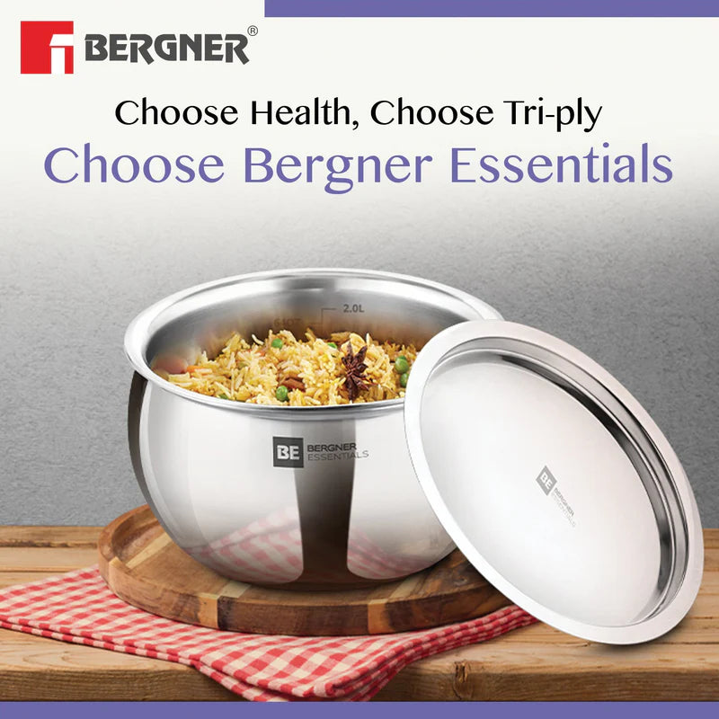 Bergner BE Essentials TriPly Stainless Steel 24cm (6.5L) Rice Handi with Lid