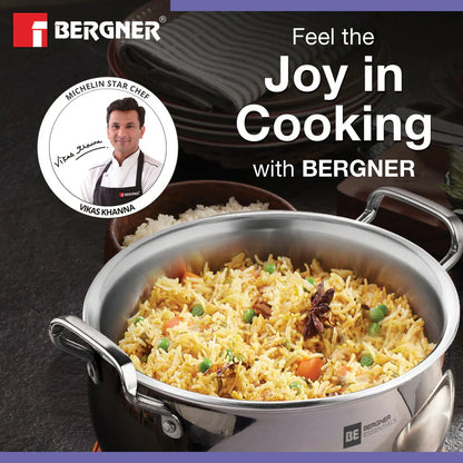 Bergner Essentials TriPly Stainless Steel 16cm Rice Handi with Lid, Small Rice Handi with Handle