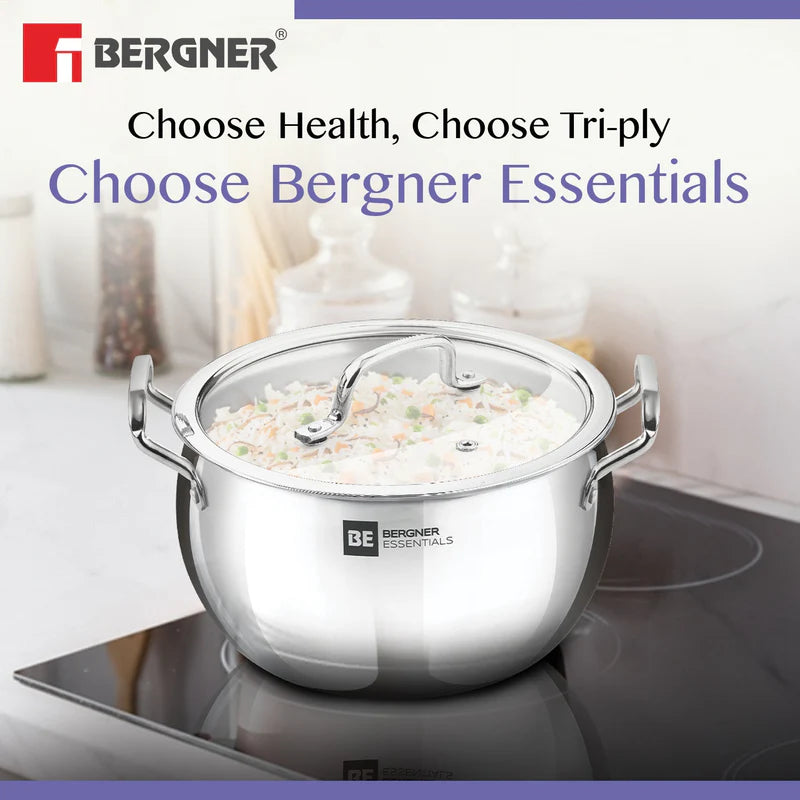 Bergner Essentials TriPly Stainless Steel 16cm Rice Handi with Lid, Small Rice Handi with Handle