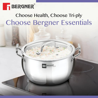 Bergner Essentials TriPly Stainless Steel 16cm Rice Handi with Lid, Small Rice Handi with Handle