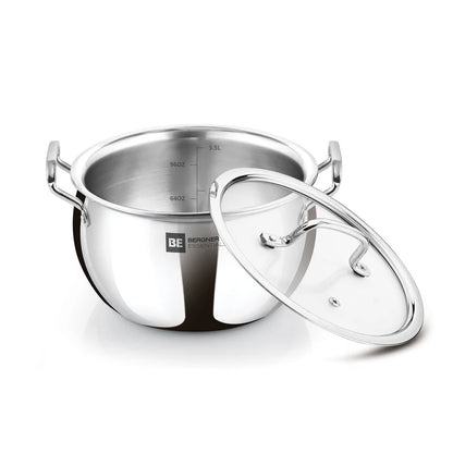 Bergner Essentials Tri-Ply Stainless Steel 18 cm (3.2 L) Rice Handi with Glass Lid