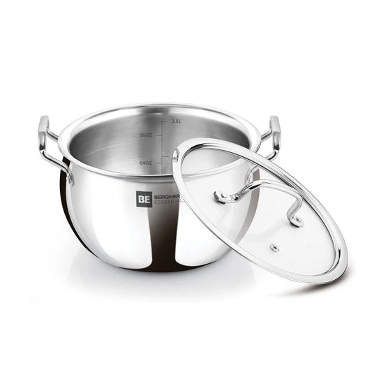 Bergner Essentials Tri-Ply Stainless Steel 18 cm (3.2 L) Rice Handi with Glass Lid