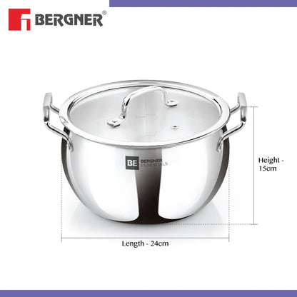 Bergner Essentials Tri-Ply Stainless Steel 18 cm (3.2 L) Rice Handi with Glass Lid